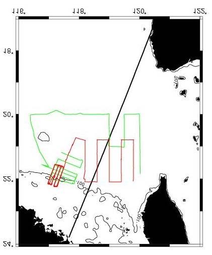 Figure 1. Map showing SeaSoar tracks for the pilot (green) and main (red) field programs relative to TOPEX/Poseidon track 088 (black).