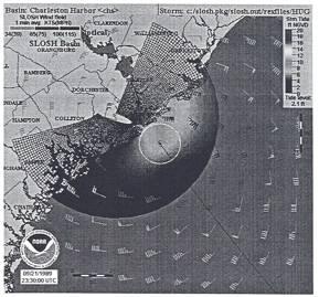 atmospheric pressure at the center of the hurricane) and to the forward right of the advancing storm due to the wind pattern.