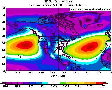 Mean June-July-August sea level pressure (hpa) based on
