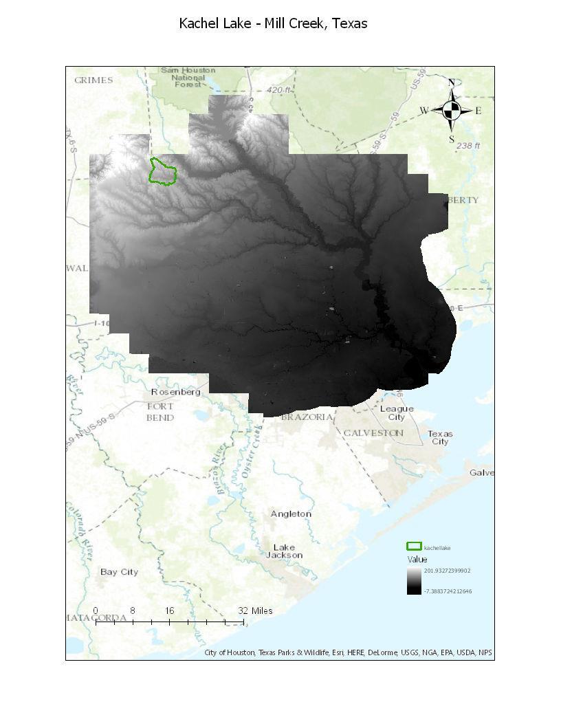 a) Location of chosen catchment near Houston. b) Location of catchment coupled with 3-meter DEM. Table 1.