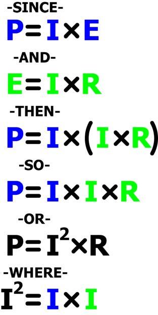 Likewise, also from Ohm s Law, we know that E = I x R. If we substitute that for E in the original formula it gives us P = I x (I x R) which simplifies to P = I 2 x R.