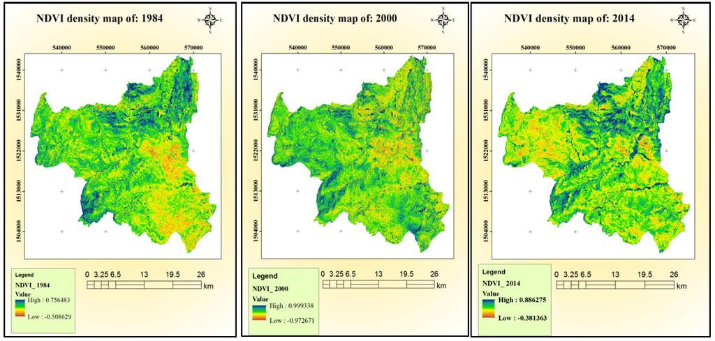 Figure 4: The continuous maps of NDVI values of Kilite Awulalo in year 1984, 2000 and 2014 Based on the Figure 3, it can be seen that in year 1984, 2000 and 2014 the area coverage of vegetated land