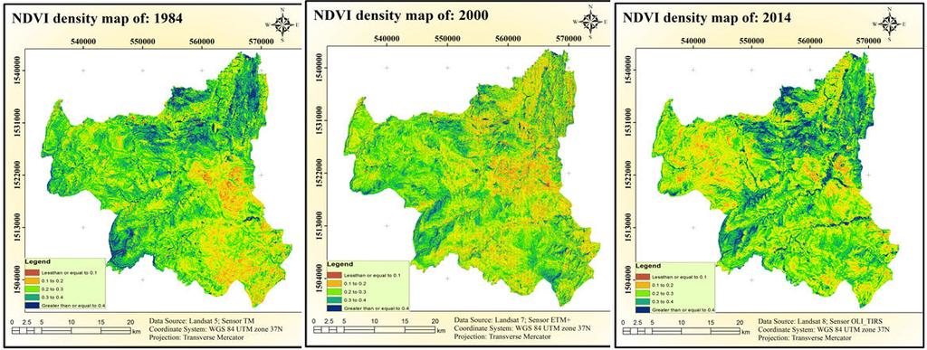 Figure 6: The NDVI density change between 1984, 2000 and 2014 REFERENCES Gete Zeleke, Menale Kassie, Pender, J. and Mahmud Yesuf. 2006.