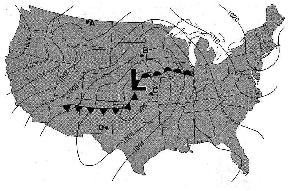 13. Base your answer to the following question on the weather map below, which shows a low-pressure system over the central United States. Isobars are labeled in millibars.