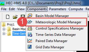 10. Create a Meteorologic Model 1. Select the Meteorologic Model Manager from the Components drop-down menu. 2. Click New in the Meteorologic Model Manager window. 3.