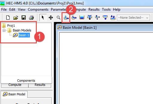 4. Create Subbasins 1. In the left sidebar Components window, click the plus sign to the left of the Basin Models folder and select the newly created basin.