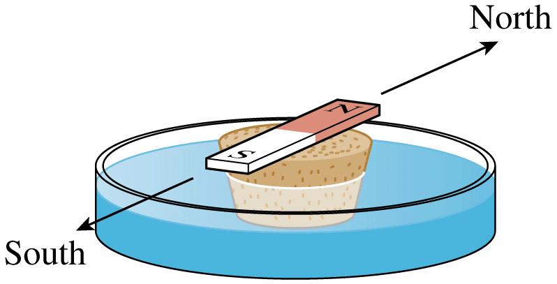 Experiments with Magnetism: Experiment 1 Tape a bar magnet to a cork and allow it to float in a dish of water. The magnet turns and aligns itself with the north-south direction.