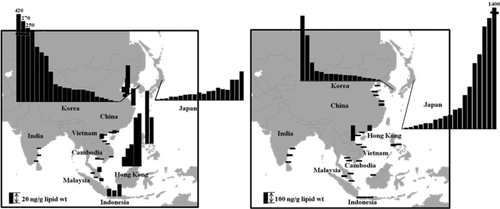 Monitoring of Non-PBDE BFRs 207 Fig. 2. Geographical distribution of PBDEs (left) and HBCDs (right) in Asian coastal waters.