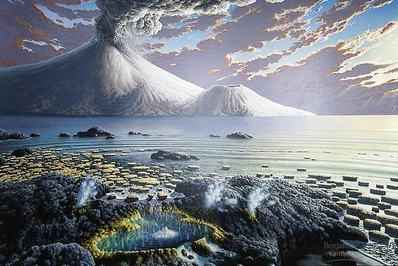 A painting of early Earth showing volcanic