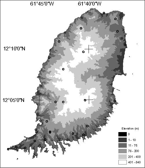 Figure 2. Map showing general topographic relief of Grenada and checkpoint benchmarks.