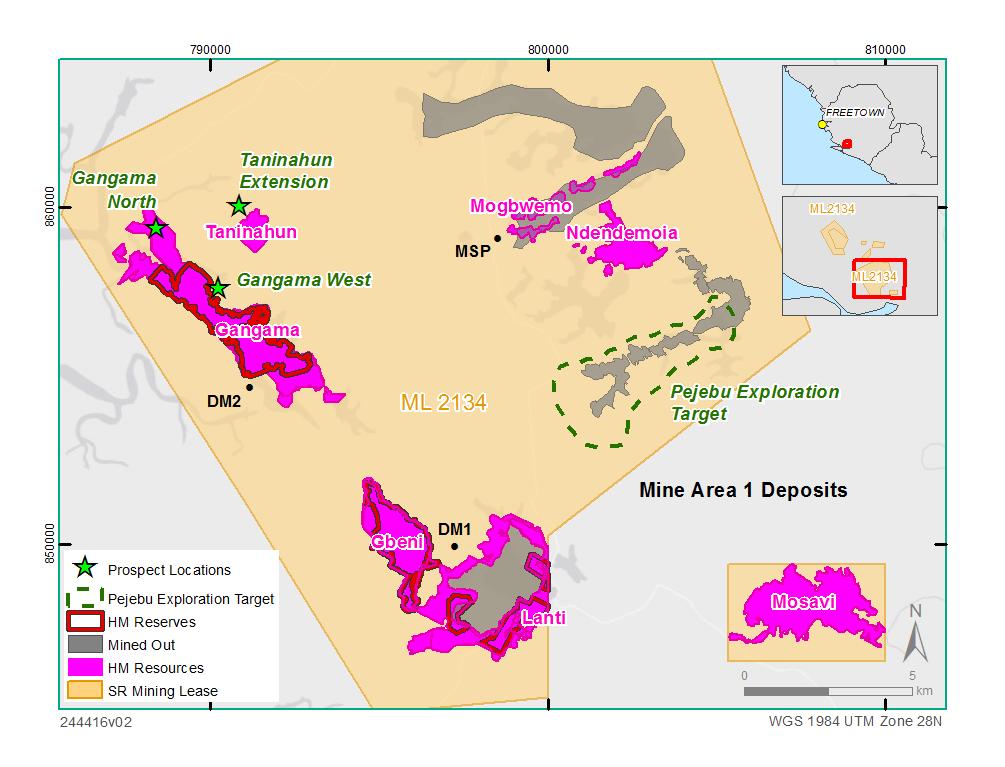 Sierra Rutile Near Mine Exploration Near Mine Exploration Target 1 Consolidation and interrogation of historical SRL drilling data highlighted the Pejebu Exploration Target Sierra Rutile deposits