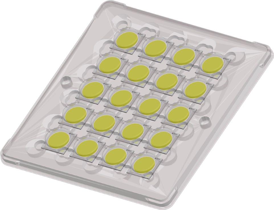 Packaging Cree CXB2530 LEDs are packaged in trays of 20. Five trays are sealed in an anti-static bag and placed inside a carton, for a total of 100 LEDs per carton.