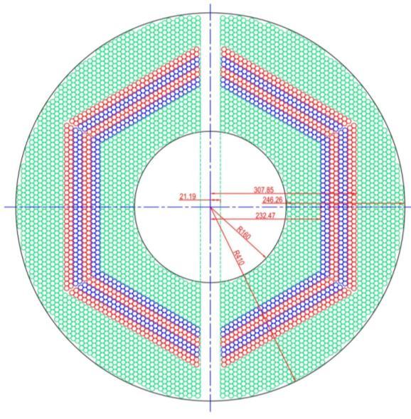 STT Layout 4636 straw tubes in 2 separated semi-barrels 23-27 planar layers in 6 hexagonal sectors 15-19 axial layers (green) in