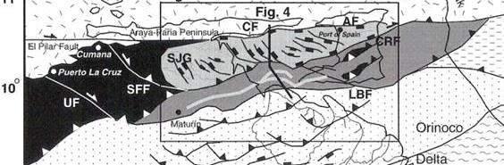 FOLD AND THRUST BELT GEOGRAPHIC EXTENT It underlies the entire Caroni Basin, onshore and offshore, where the GOPPA obscures its features.