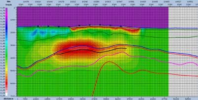 (left) and at the hydrates depth (right) through the vertical conductivity model after inversion. The black dots and gray lines represent the CSEM receiver and source line locations, respectively.