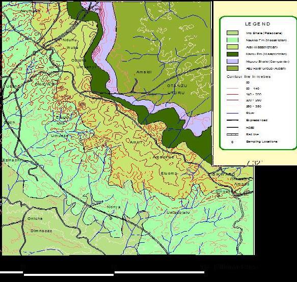 Okeke et al. 019 A S Figure 3: Geologic map of the study area showing the sampling locations. predominance of flood-tidal currents over weak ebbreverse currents.