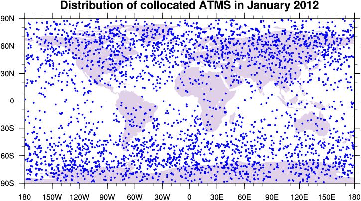 COSMIC Collocation with ATMS Data Time period of data search: January, 2012 Collocation with COSMIC data: Time difference < 0.