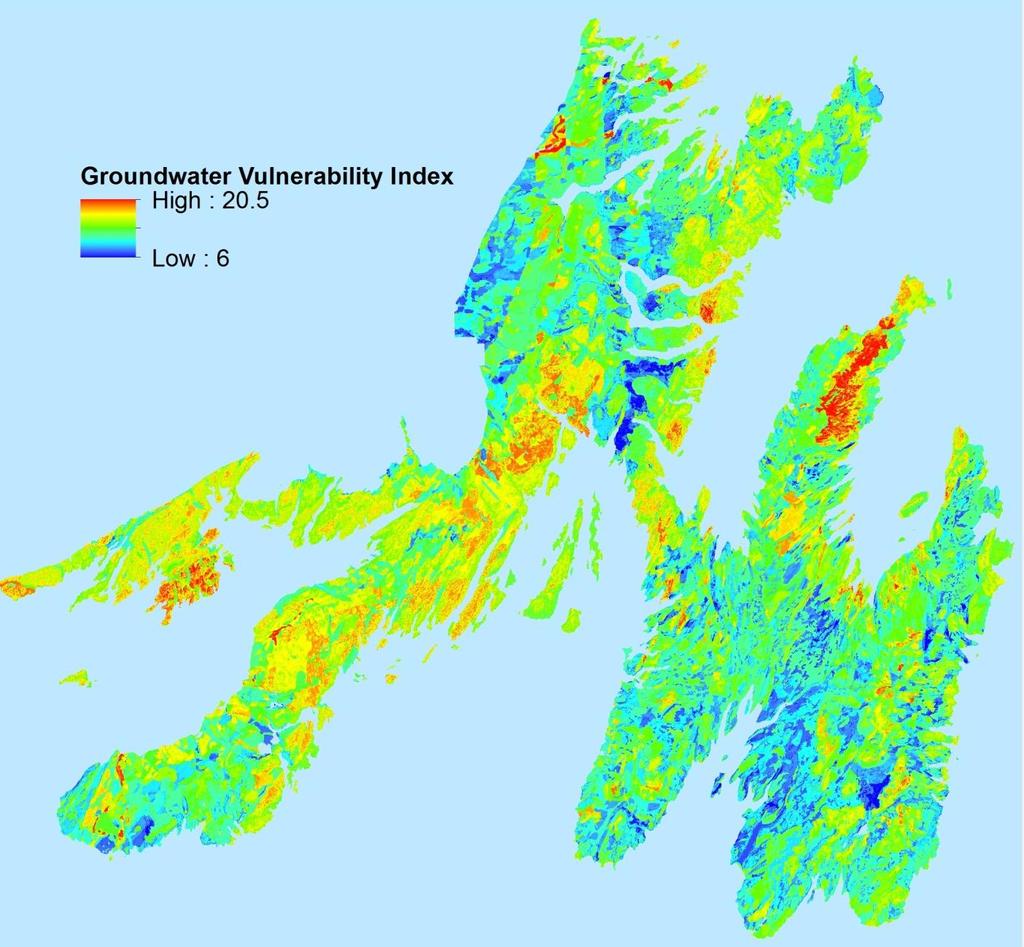 The groundwater vulnerability index varied between 6 and 20.5 (higher scores indicated higher vulnerability).