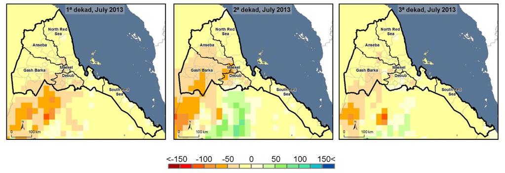 Figure 3 shows the rainfall anomaly calculated as the difference between total rainfalls received during a period (dekad) and the average of total rainfall received during the same period in the