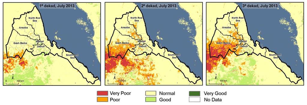 3. VEGETATION ANALYSIS The July dry spell has had a strong impact on vegetation development, especially in Gash Barka zone, as shown on figure 5.