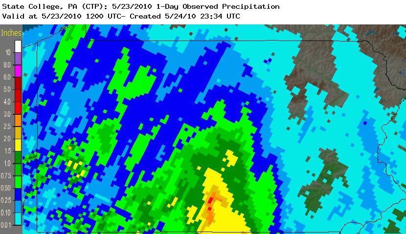 fell in Pennsylvania fell over the westernmost features, Blue Mountain. One report of 6 inches of rainfall was reported near St Thomas near Blue Mountain.
