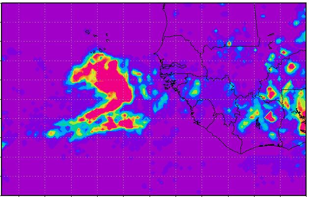 20N Fig. 14. TRMM estimates of precipitation accumulations (mm) for Sept. 12, 2006. Eq 20N 30W 20W 10W about absolute values.