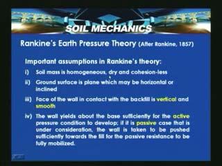So Rankine in 1857, the Rankine's earth pressure theory is postulated after Rankine in 1857 and he assumed the following way.