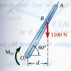 Solution d. 1100 N Vertical Force In this case Mo = Fd yields 135 N.m = (1100 N)d d = 0.12 m OB cos 60 = OB = d d cos 60 OB = 0.24 m e.