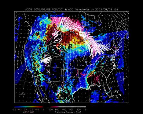 situ continuous monitors (vertical color bars), EDAS 850mb wind field vectors, and half-hourly WF_ABBA fire locations (pink and purple triangle).