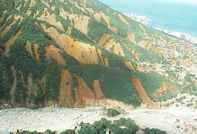 Debris flow scars upstream of Caraballeda. Most sand, silt, clay derived from the debris flows was transported offshore.