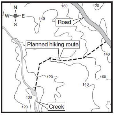 18. Some students use this map to plan a hike from a road to a creek in an unfamiliar area.