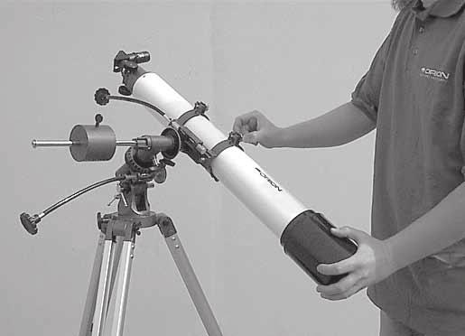 Figure 3d. Balancing the telescope with respect to the Dec. axis. As shown here, the telescope is out of balance (tilting). Figure 3e. Telescope is now balanced on the Dec. axis, i.e., it remains horizontal when hands are released.