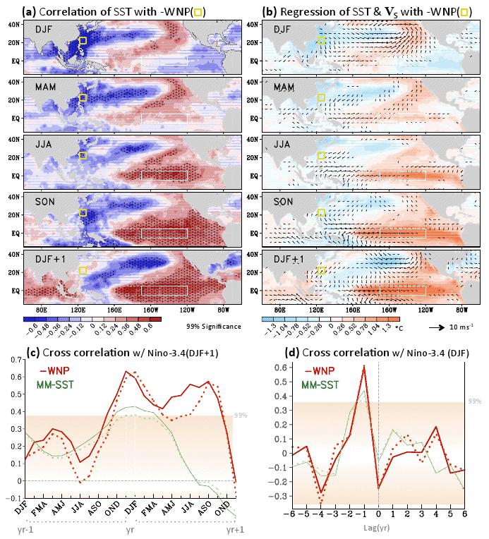Western North Pacific Variability and ENSO (a) DJF cooling over the WNP is followed by a warming in the equatorial Pacific in next winter.