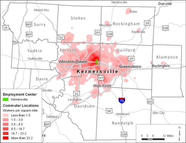 4.5 Town of Kernersville Kernersville draws most of its commute trips from within Forsyth County (43 percent). Another large share (19 percent) comes from Guilford County to the east.