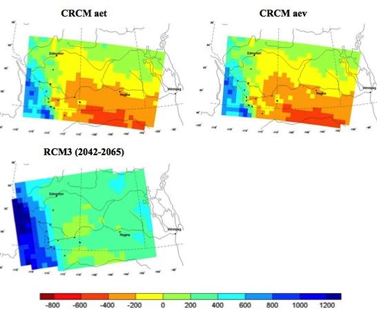 Figure 2 Spatial pattern of the future (2041-2070) total annual moisture deficit (P minus PET) (mm) for the water year (October to September). PET is calculated using the simplified Penman method.