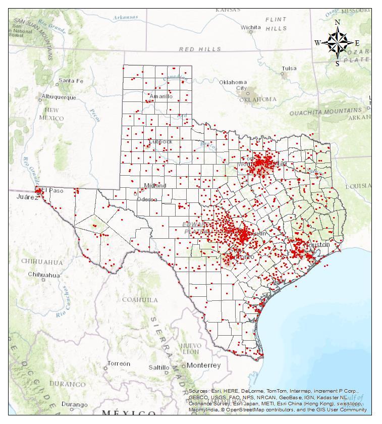 # of sites Observational Points in Texas Network distribution in Texas (n=1453) 900 800 700 600 500 400 300 200 100 0 831 76 275 14 1 149 44 63 Mesonet Federal system (ASOS/METAR)
