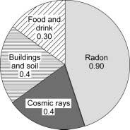 30 Physics questions 15 The pie chart shows the average radiation dose that a person in the UK receives each year from natural background radiation. The doses are measured in millisieverts (msv).