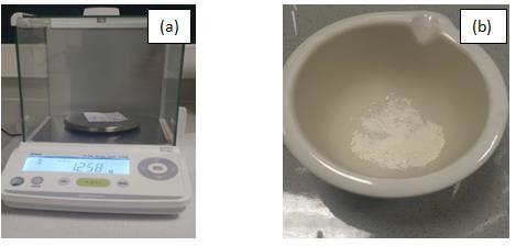 Fig. 1 (a) Measurement of weight of antacid tablet and (b) grounding of tablet with Porcelain Mortars & Pestles 2. Fill one 50 ml buret of them with 0.