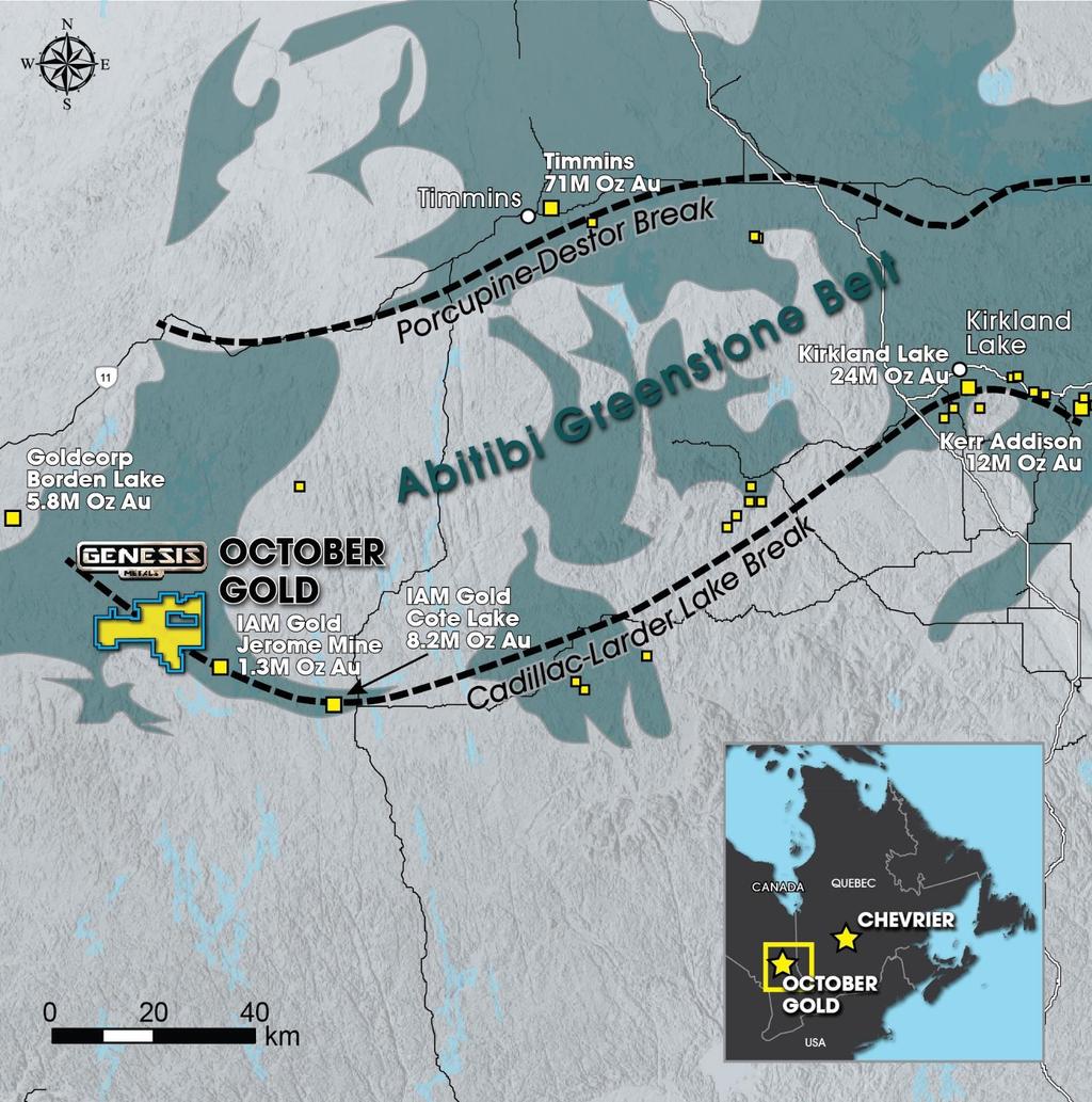 OCTOBER GOLD PROPERTY 100% Genesis Metals Southwest Abitibi is the least explored portion of the region October Gold Property is located in the Southern