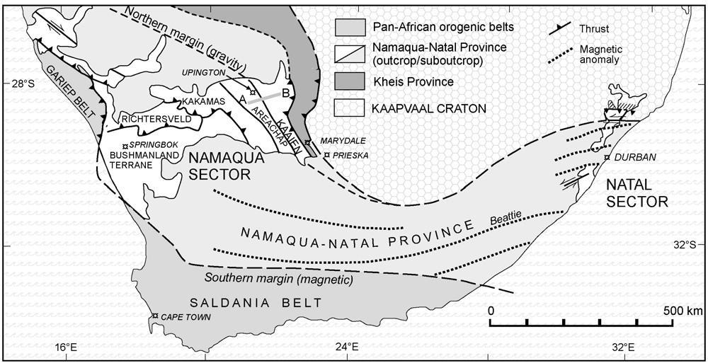 3.2.2 Namaqua Sector The Kakamas Terrane of the Gordonia Subprovince of the Namaqua-Natal Metamorphic Province is the main focus of the study.