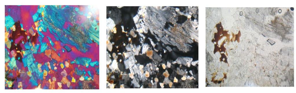 Plagioclase shows twinning and it takes up 15% of the total rock volume. Pyroxene takes up 5% of the total rock volume.
