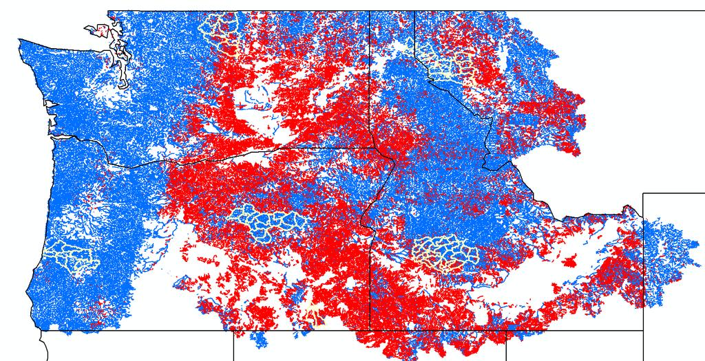 MR NHDPlus for Region 17 Blue are all perennial streams. Red are intermittent streams with less than 1 cfs MA.