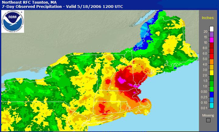 May 2006 Flood Flooding resulted from sustained rainfall event of up to 14 inches of rain in coastal areas, 11 inches in central NH Preceded by dry winter and early spring runoff May 2006 peak flow