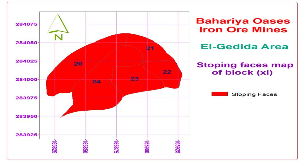 Fig. 9: Stoping faces map of block xi for iron ore bed. Table. 5: Area and volume calculations for iron ore bed of block xi. 7. Conclusions 1.