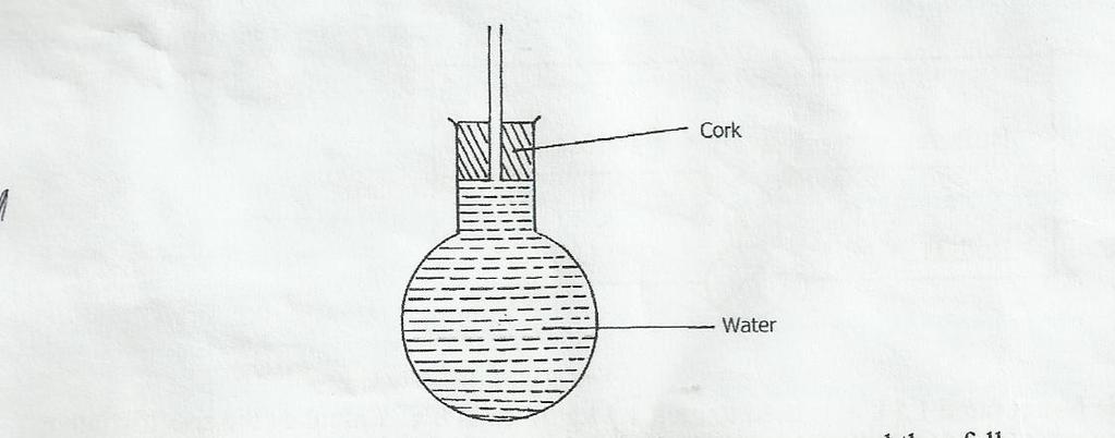 13. When the flask is placed in iced water the level on water rose and then fell. Explain this observation. (1 mark) 14.