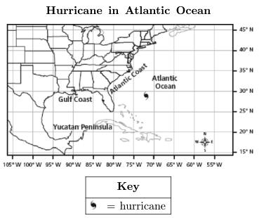 19. The following map shows the location of a hurricane in the Gulf of Mexico at 17 N, 81 W. Which of these describes the likely outcome for this hurricane? a. The rotation of Earth will force the hurricane to the southeast, where it will make landfall.