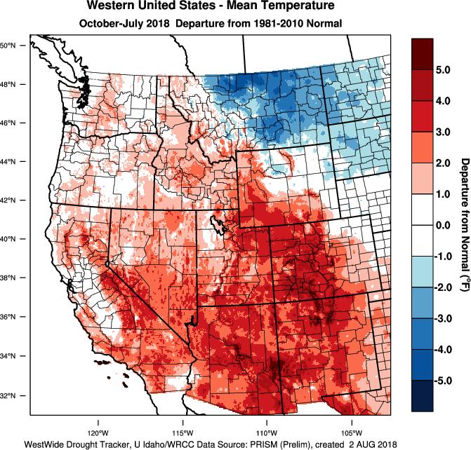 The record warmth seen in July across much of the west continues to keep the western US largely warmer than average for the water year with the Four Corners the warmest region (Figure 2).