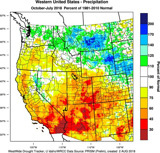 Eastern Montana across the Plains eastward to the northern Great lakes continue to run cooler than normal for the water year to date.