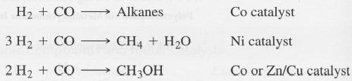 14-4 Heterogeneous Catalysts ; water gas reaction This reaction occurs at elevated T and P between water and natural sources of carbon Synthesis gas or syn gas Fischer-Tropsch process