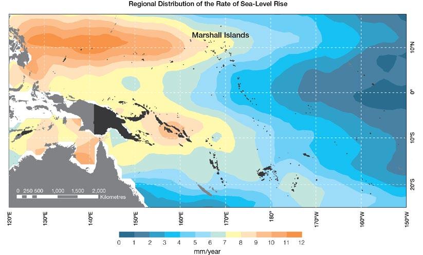 Figure 7.5: The regional distribution of the rate of sea-level rise measured by satellite altimeters from January 1993 to December 2010, with the location of the Marshall Islands indicated.